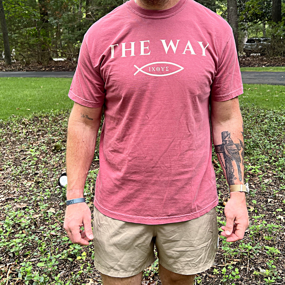 Man wearing The Way tee in Brick, ichthys and The Way on the chest