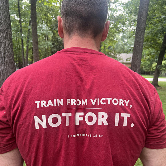 Back of the Train from Victory tee reading Train from victory, not for it